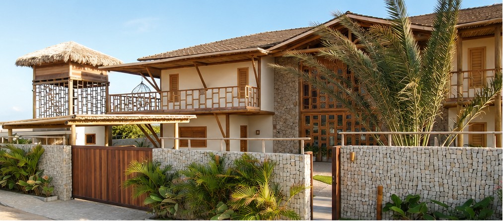 Façade de la Villa Firenze : bois d'ipê, murs de pierres locales et toiture en fibre végétale