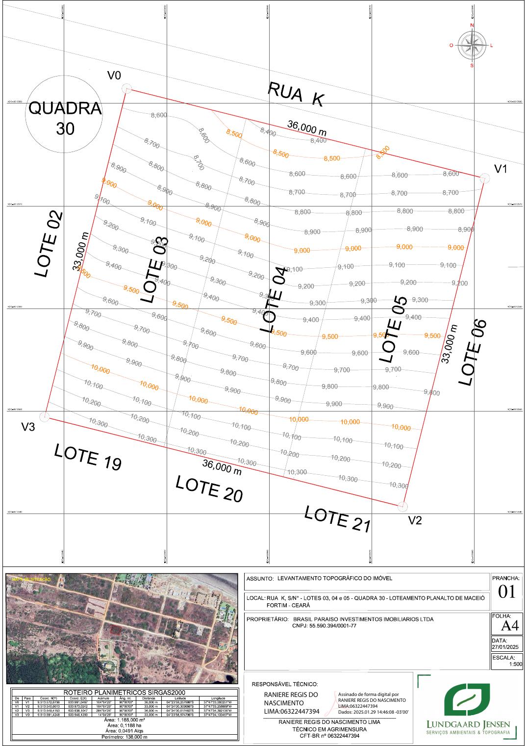 Levé topographique des lots 03, 04 et 05 de la quadra 30, Loteamento Planalto do Maceió, Fortim