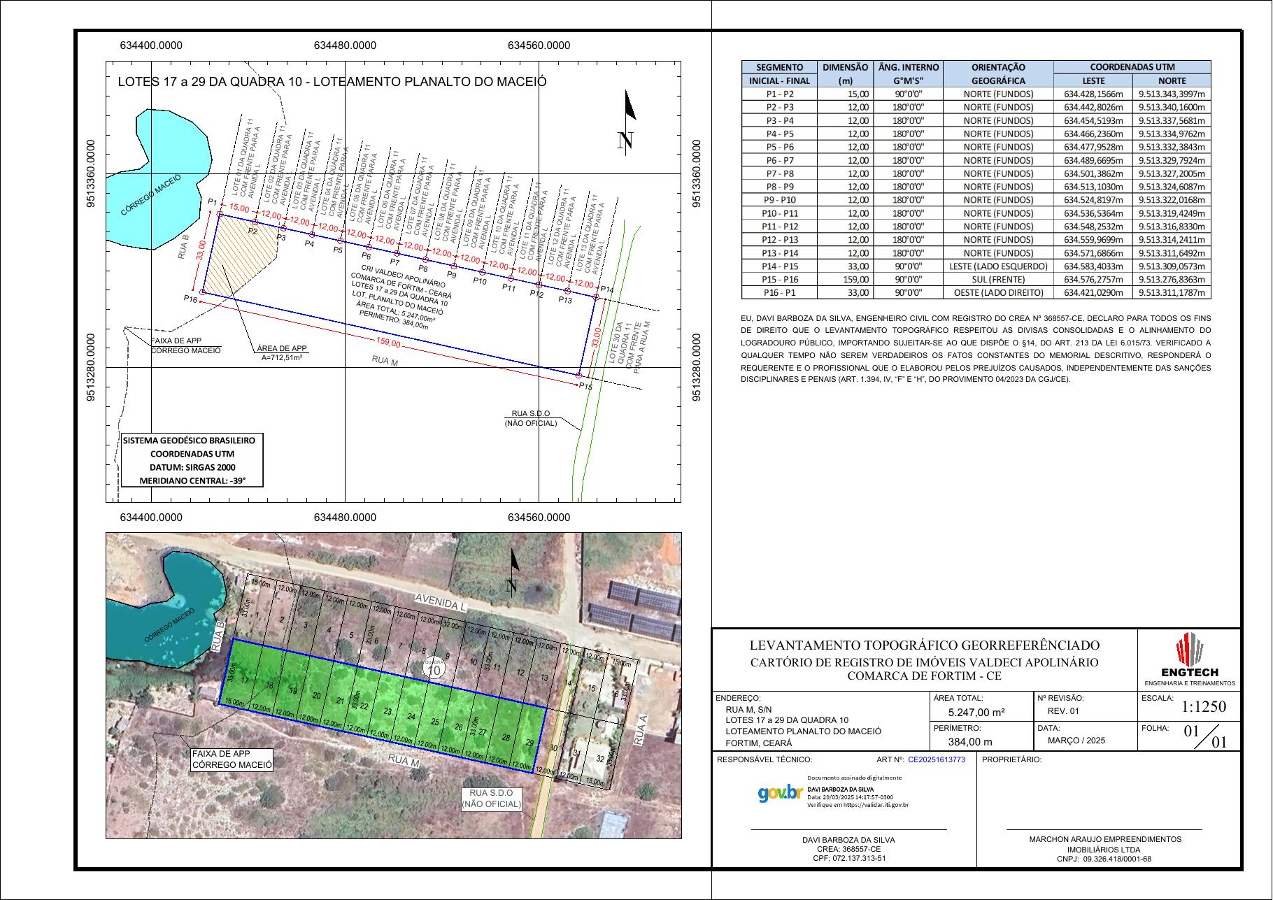 Plan topographique des lots 17 à 29 de la quadra 10, Loteamento Planalto do Maceió, Fortim
