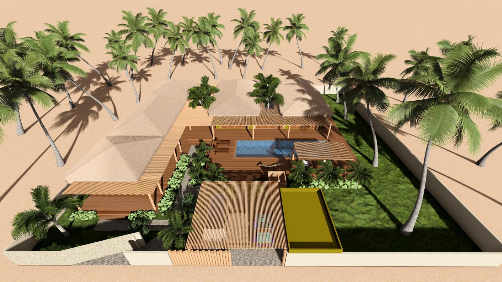 Vue 3D en plongée du projet Brasil Paraíso : decks en bois, piscine et jardin planté de cocotiers